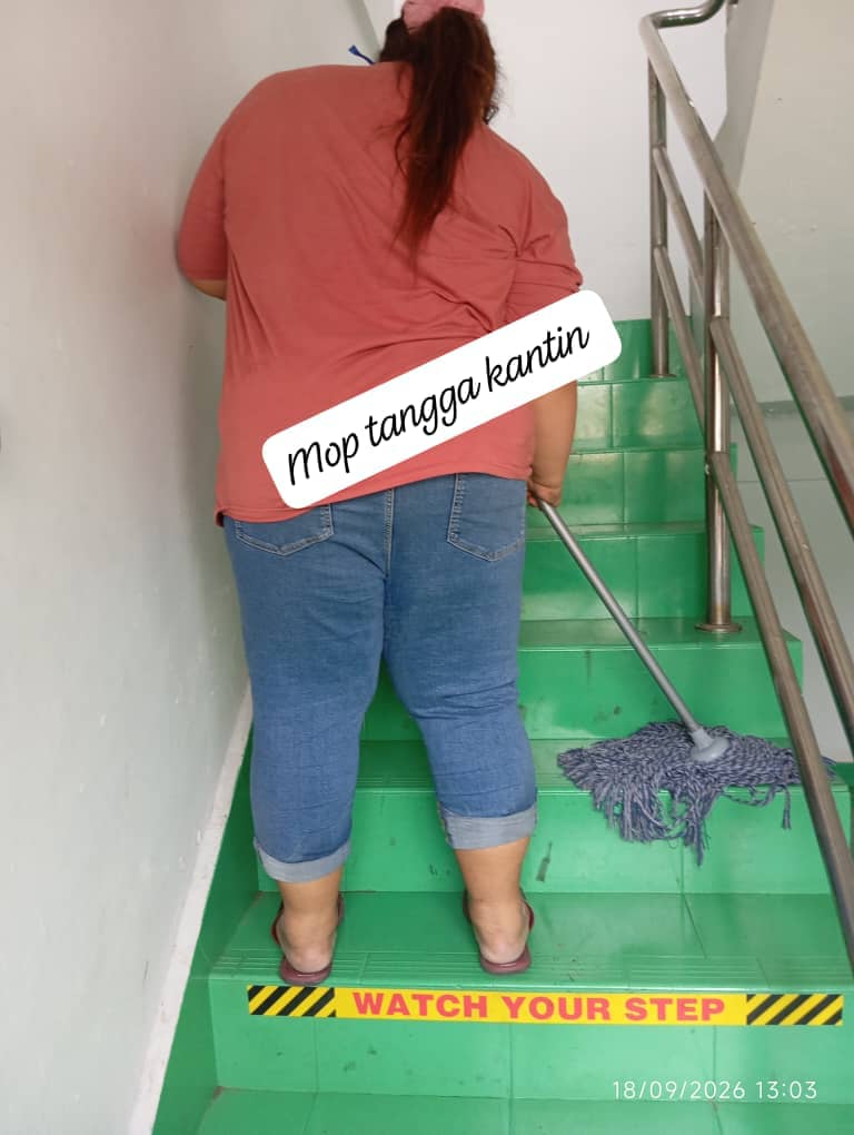 Cleaner mopping a staircase carefully